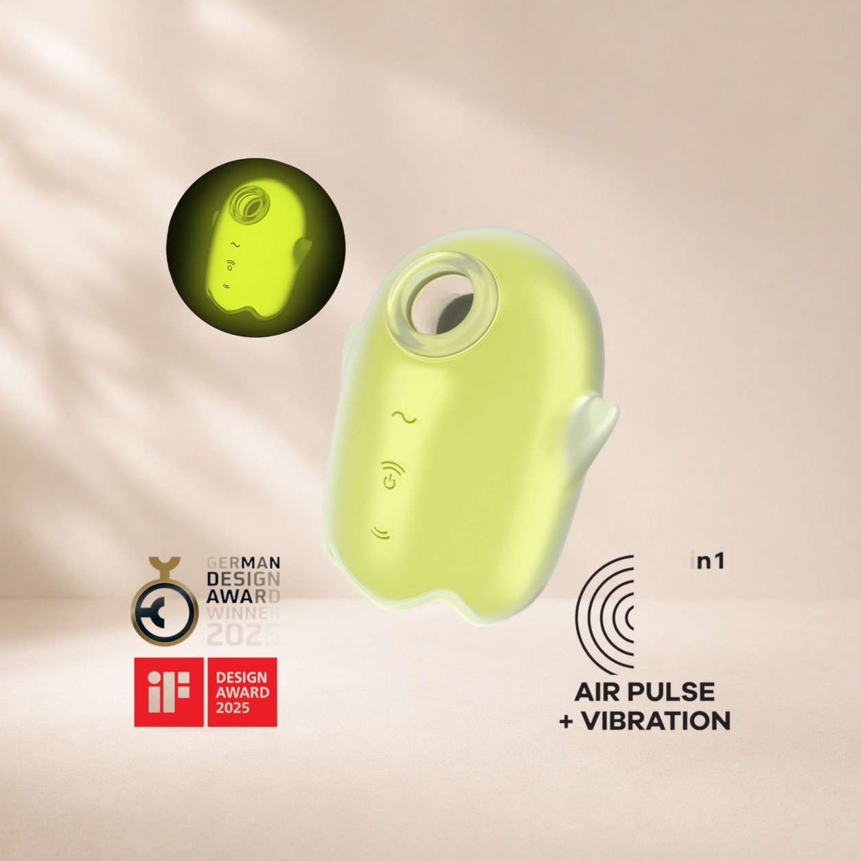 Satisfyer Glowing Ghost - Yellow — Ghost-shaped air pulse + vibration, glow-in-the-dark surface
